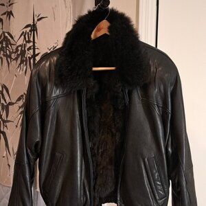 Andrew Marc Genuine Leather Bomber Jacket with Removable Opossum Fur Vest Sz XL